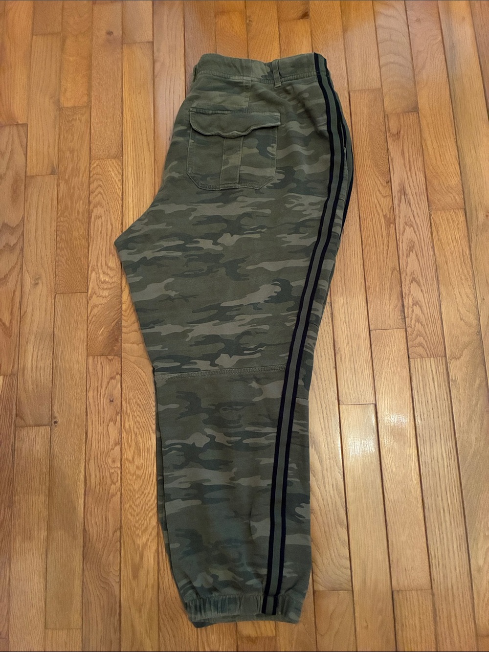 Anthropologie Olive Camo Joggers with Black Side Stripes